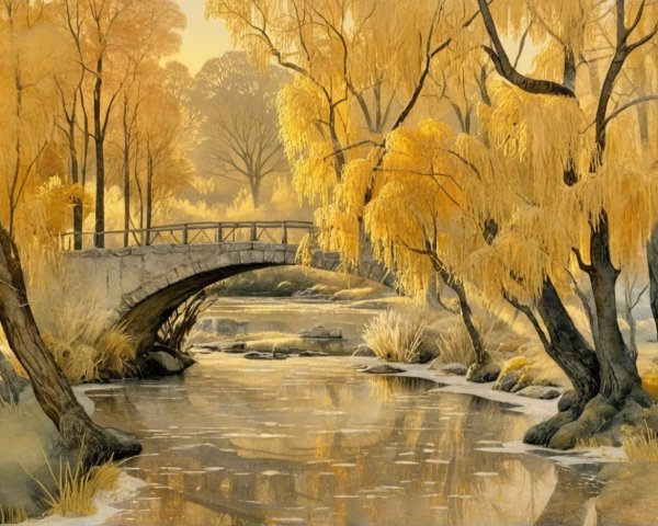 Tranquil Stream with Autumn Foliage and Stone Bridge