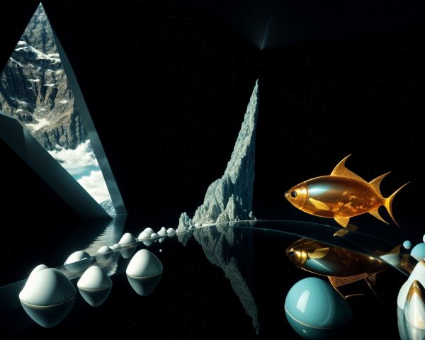 Surreal Scene with Gold Fish and Mountain Reflections
