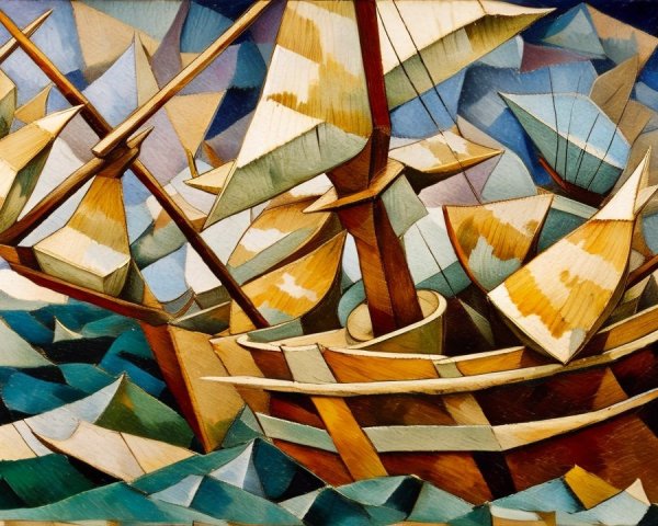 Cubist Depiction of a Sailing Ship in Turbulent Waters