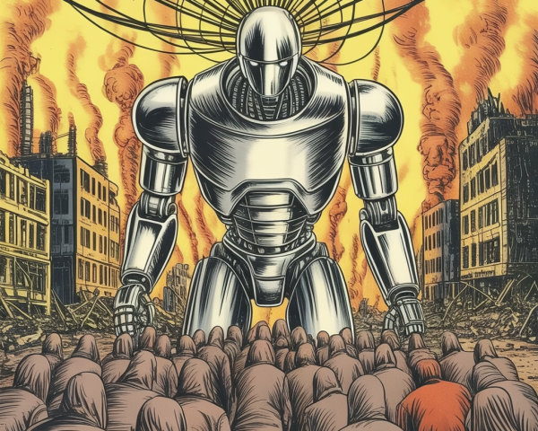 Colossal Silver Robot Overlooks Submissive Crowd