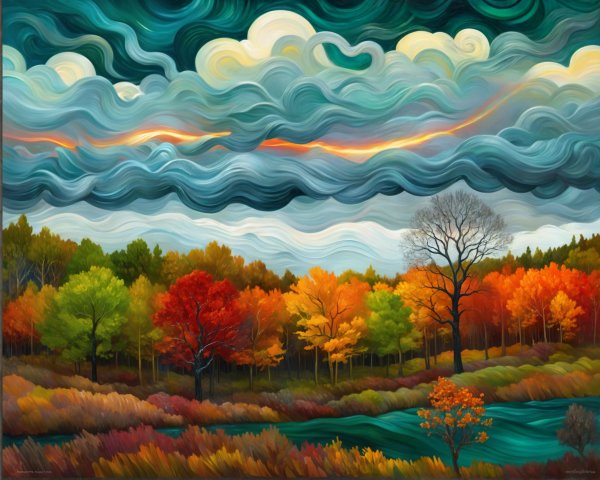 Vibrant Autumn Landscape with Dramatic Sky and Water