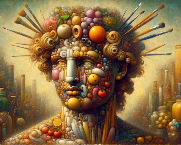 Surreal Head Made of Fruits, Vegetables, and Art Supplies