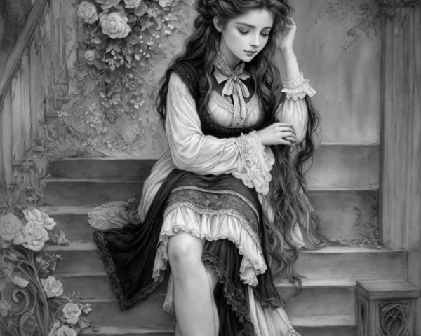 Monochrome Illustration of Woman on Staircase with Roses