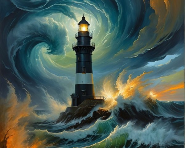 Dramatic Lighthouse Facing Stormy Sea and Clouds