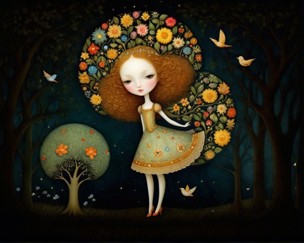 Whimsical Illustration of a Girl in Enchanted Forest