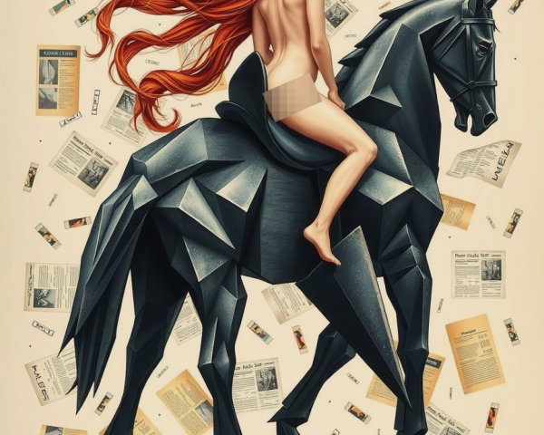 Stylized Woman on Black Horse with Newspaper Collage