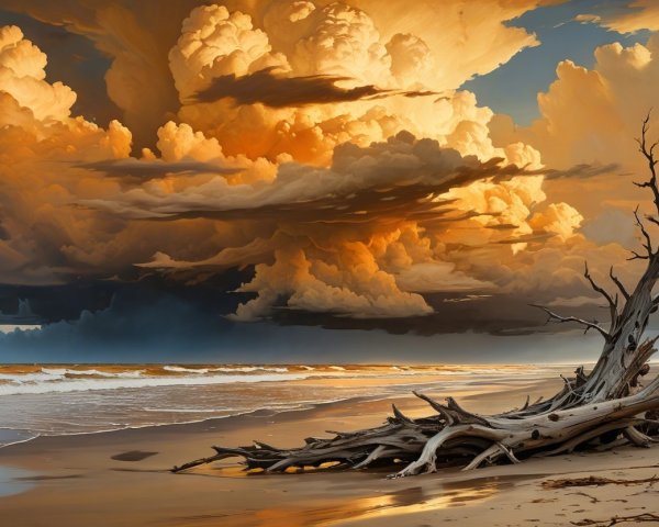 Dramatic Beach Scene with Vibrant Sky and Waves