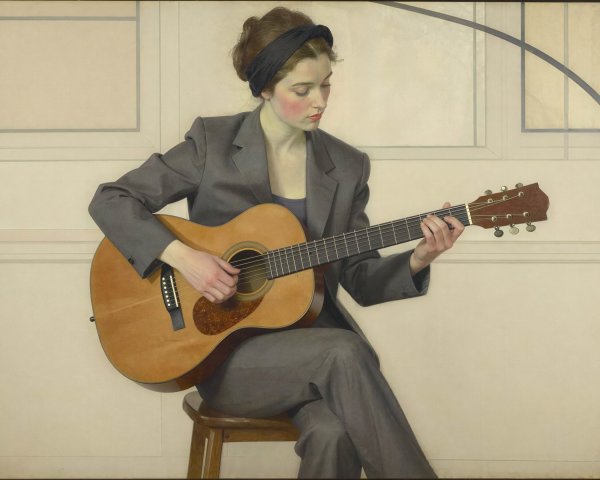 Realistic Portrait of Young Woman Playing Guitar