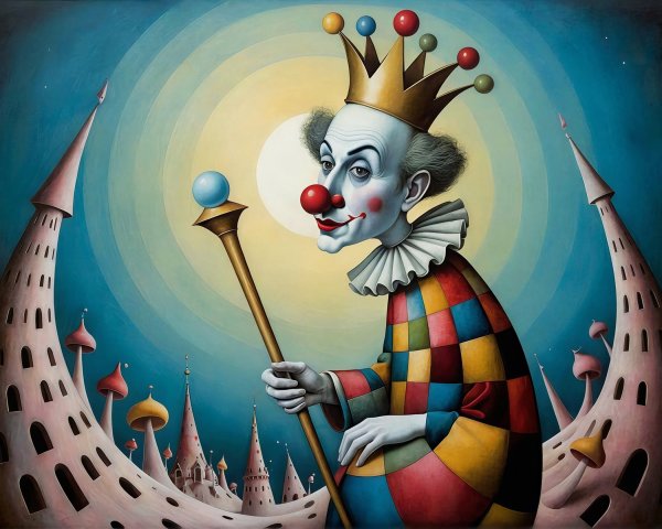 Surreal Painting of a Clown King in Vibrant Colors