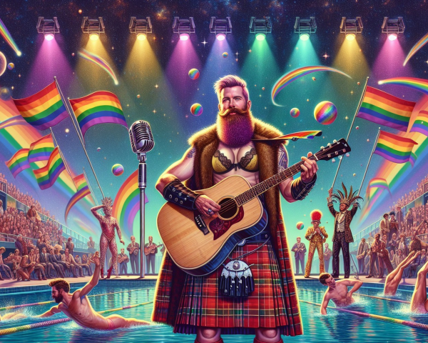 Bearded Man in Kilt Playing Guitar at Pride Event