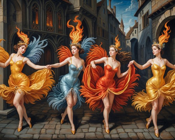 Performers in Flame-Inspired Costumes on Cobblestone Street