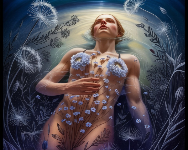 Serene Figure Beneath Tranquil Water Surrounded by Nature