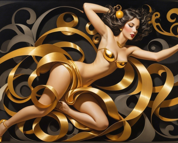 Elegant Figure with Golden Ribbons Against Dark Background