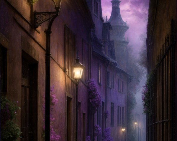 Charming Cobblestone Alley with Vintage Street Lamps