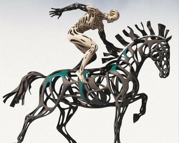 Skeletal Figure on Stylized Horse Sculpture Description
