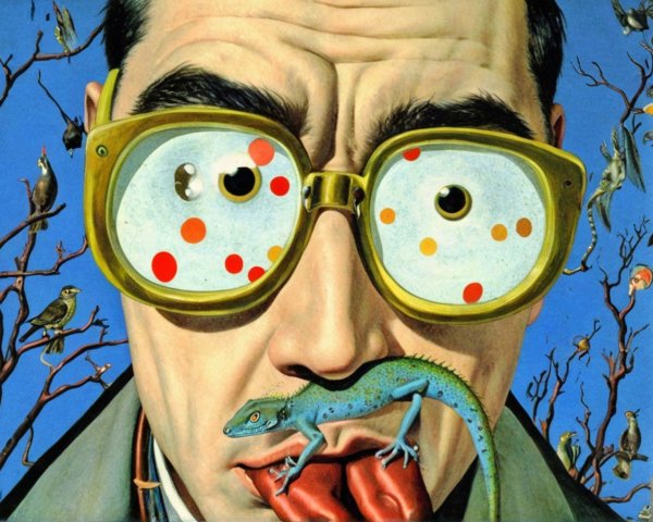 Surreal Artwork of a Man with Lizard and Colorful Dots