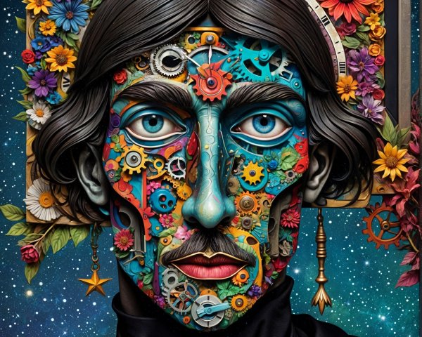 Portrait of a man with colorful gear and celestial designs