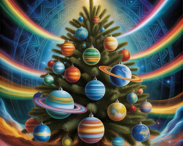 Cosmic Digital Painting of a Planet-Themed Christmas Tree