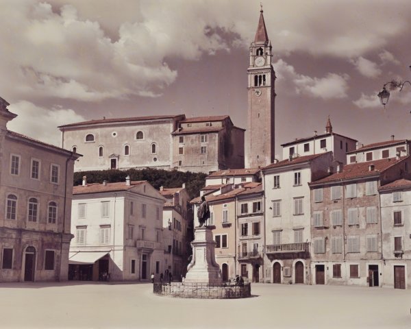 Historic square with statue and diverse architecture