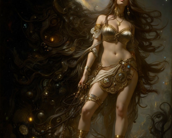 Mythical figure in gold armor against a cosmic backdrop