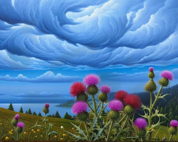 Vibrant Landscape with Thistles and Scenic Lake View