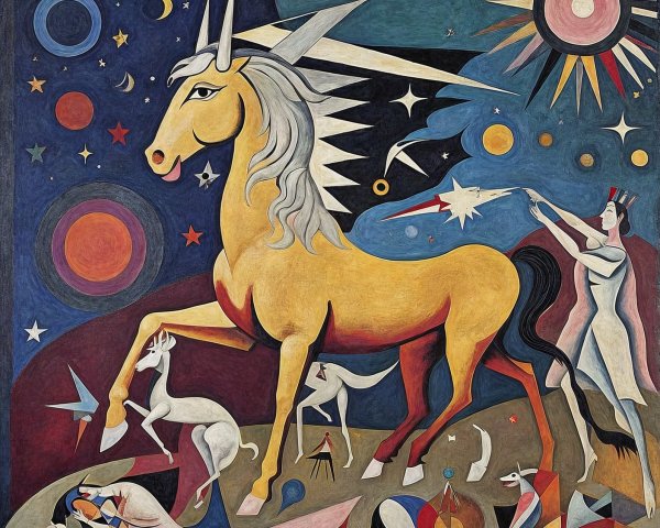 Vibrant Dreamlike Scene with Golden Unicorn and Stars