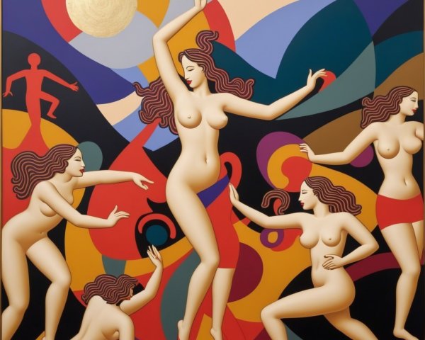 Abstract Artwork of Dancing Female Figures in Colorful Scene