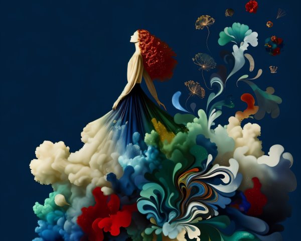 Whimsical figure with red hair in colorful abstract clouds