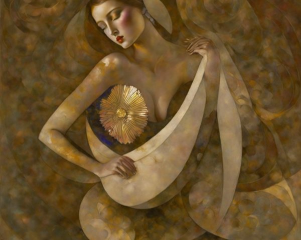 Ethereal Woman with Flowing Hair and Sunburst Motif