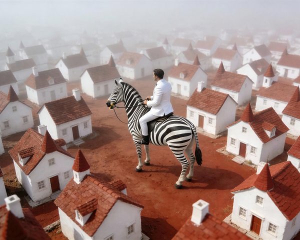 Man in White Suit Riding Zebra in Miniature Town