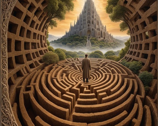 Maze with Figure and Ethereal Castle in Background