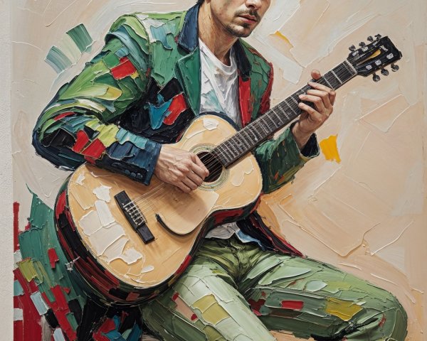 Young man with guitar in vibrant, abstract attire