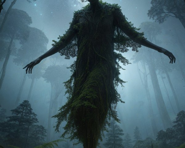 Ethereal figure in a mystical forest with glowing eyes