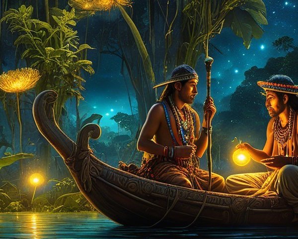 Mystical Jungle Canoe Scene with Luminescent Flora