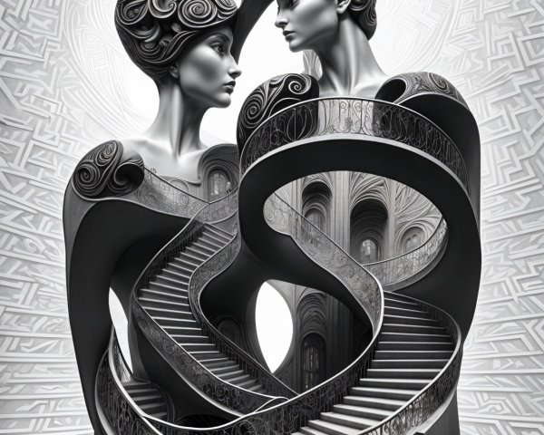 Stylized humanoid figures on a surreal staircase