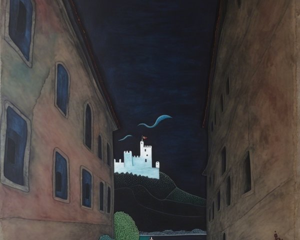 Nighttime Alley with Illuminated Castle and Houses