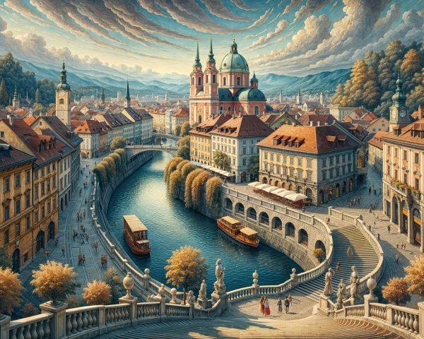 Picturesque European Town by a Winding River