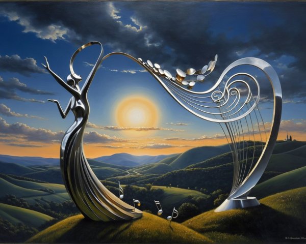 Sculpture of Woman with Harp in Serene Landscape