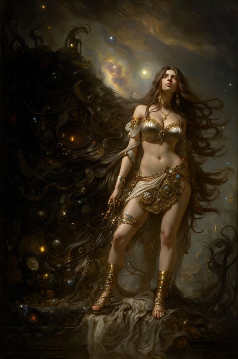 Mythical figure in gold armor against a cosmic backdrop