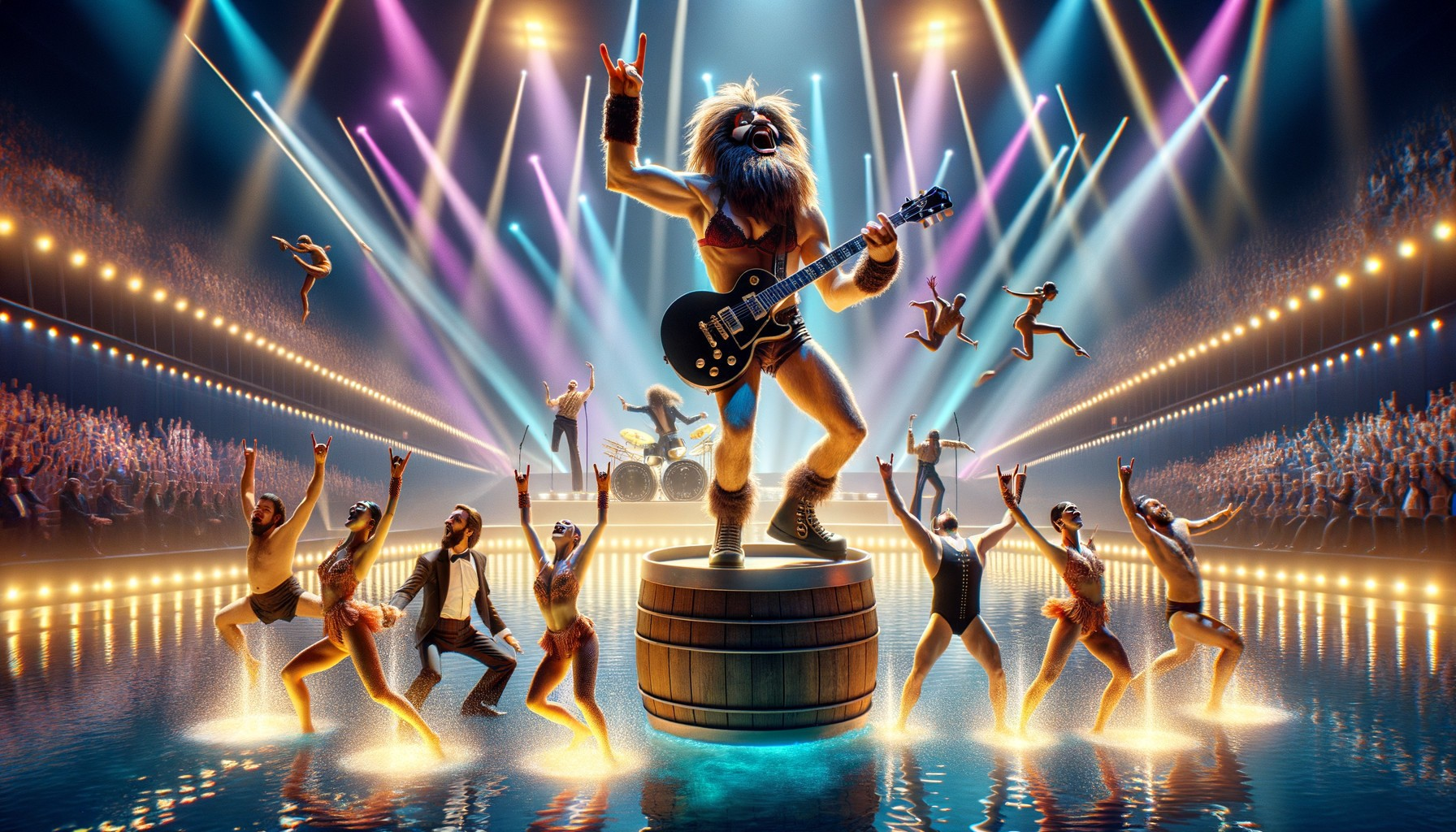 Vibrant Concert Scene with Energetic Guitarist and Dancers