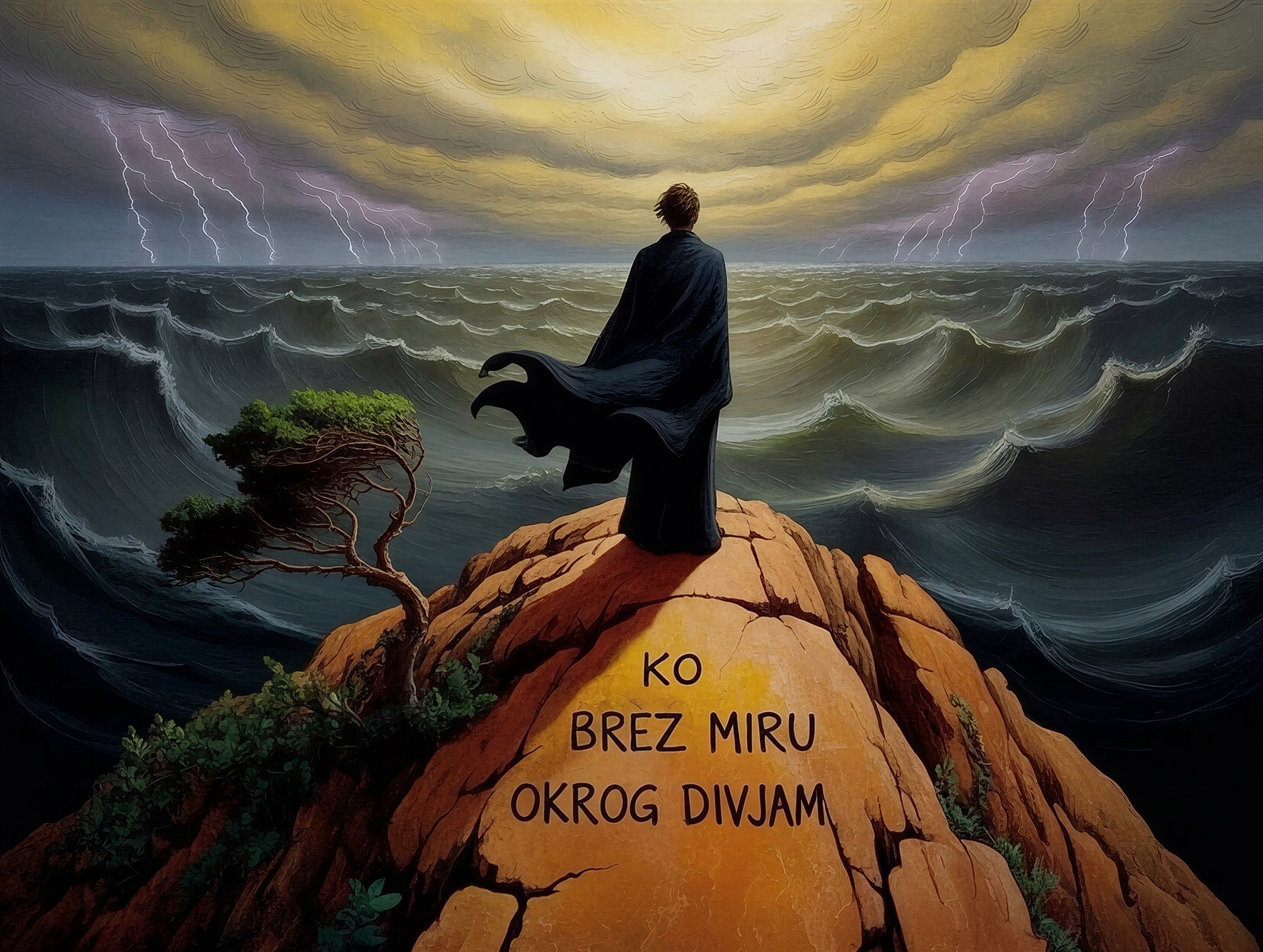 Figure on Rocky Outcrop Overlooking Stormy Seas