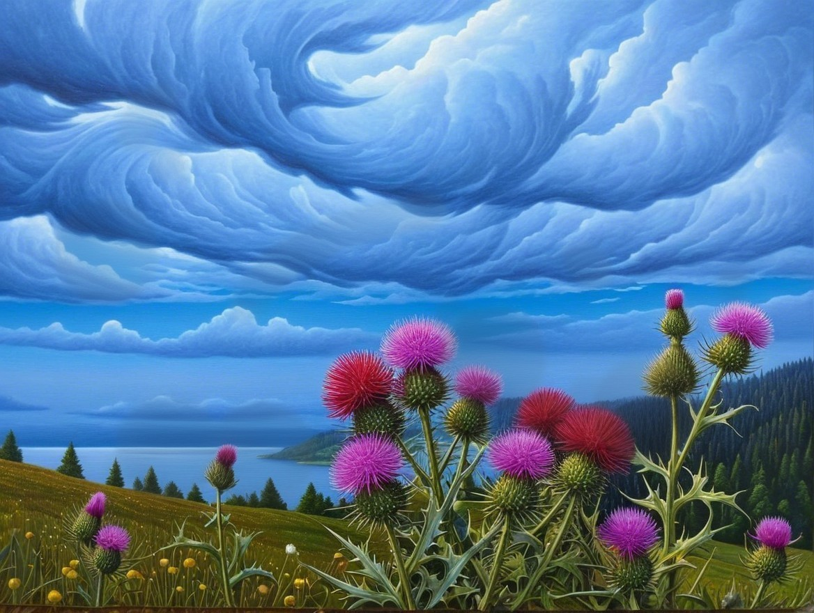 Vibrant Landscape with Thistles and Scenic Lake View