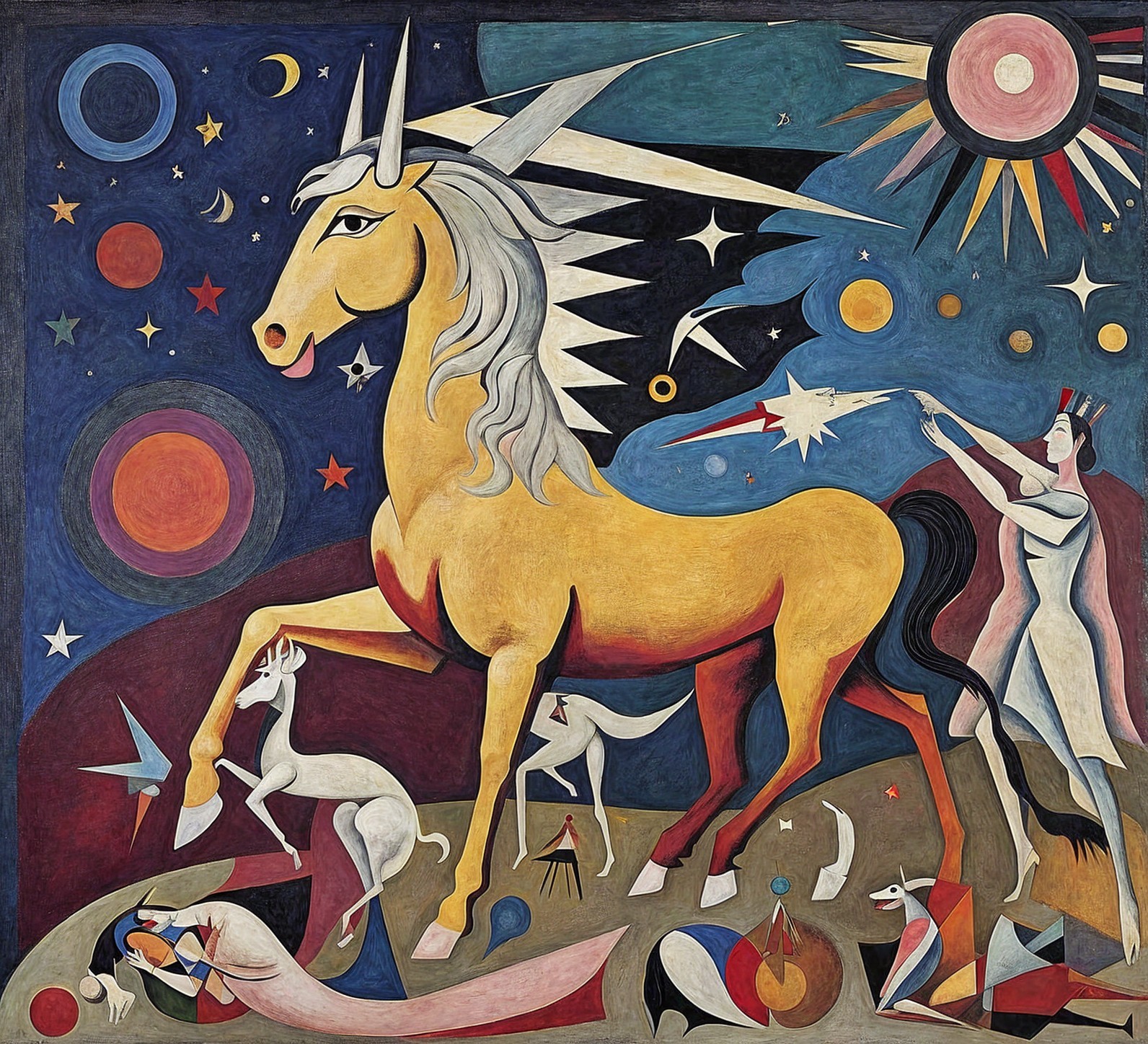 Vibrant Dreamlike Scene with Golden Unicorn and Stars