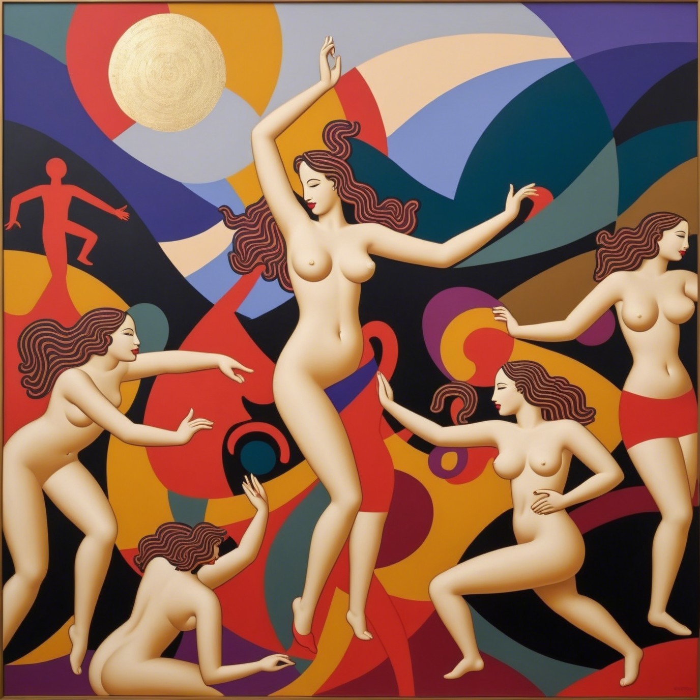 Abstract Artwork of Dancing Female Figures in Colorful Scene