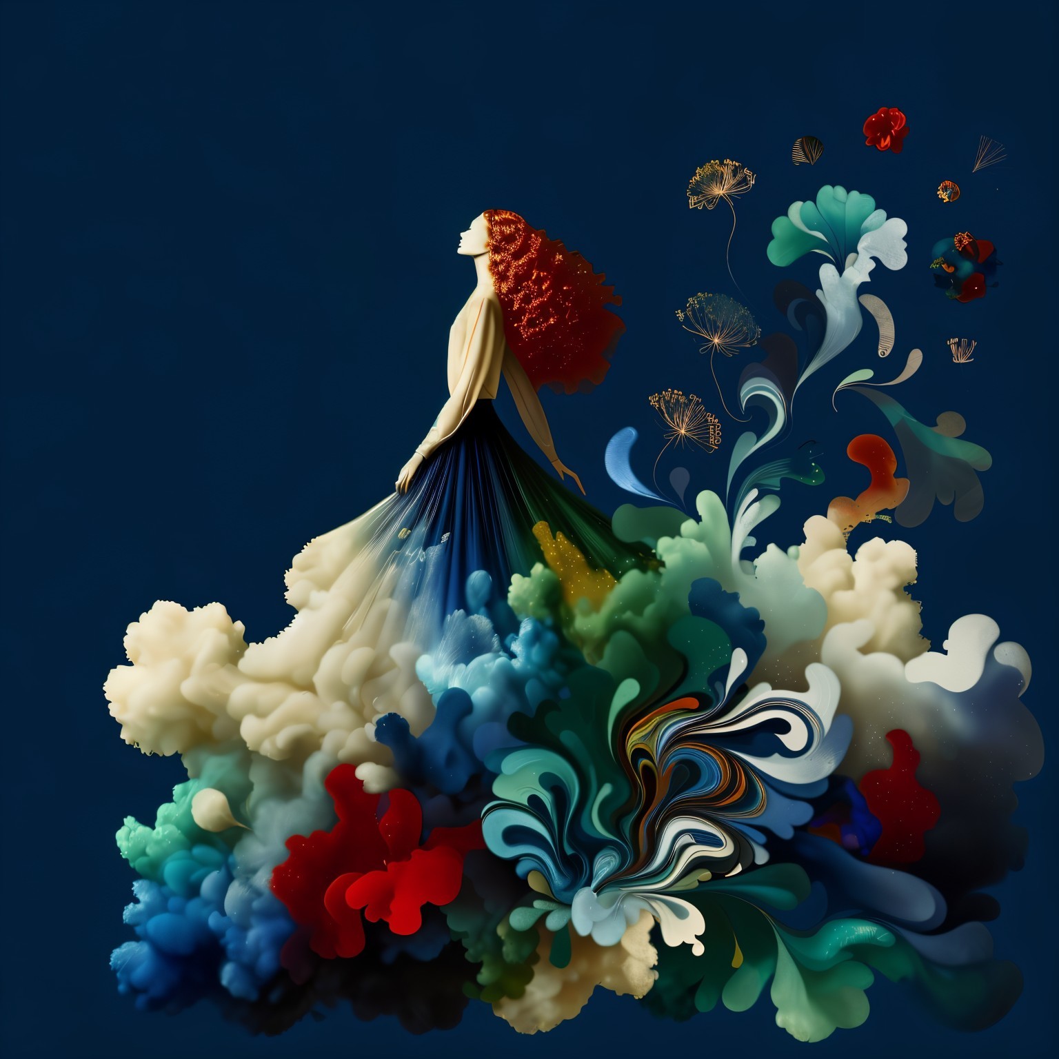 Whimsical figure with red hair in colorful abstract clouds