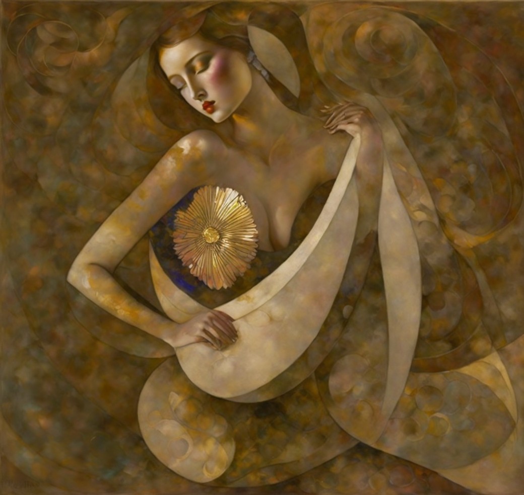 Ethereal Woman with Flowing Hair and Sunburst Motif