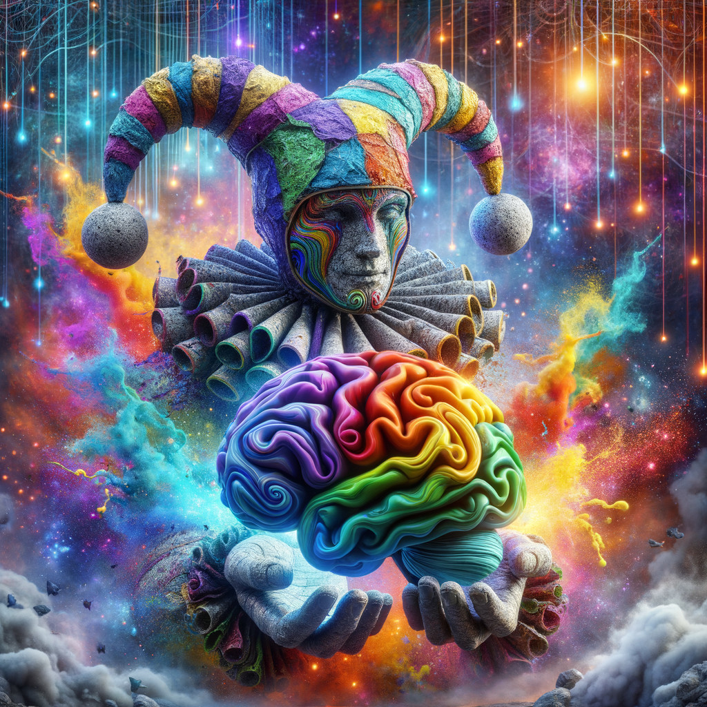 Colorful Jester Figure with Rainbow Brain and Cosmic Background