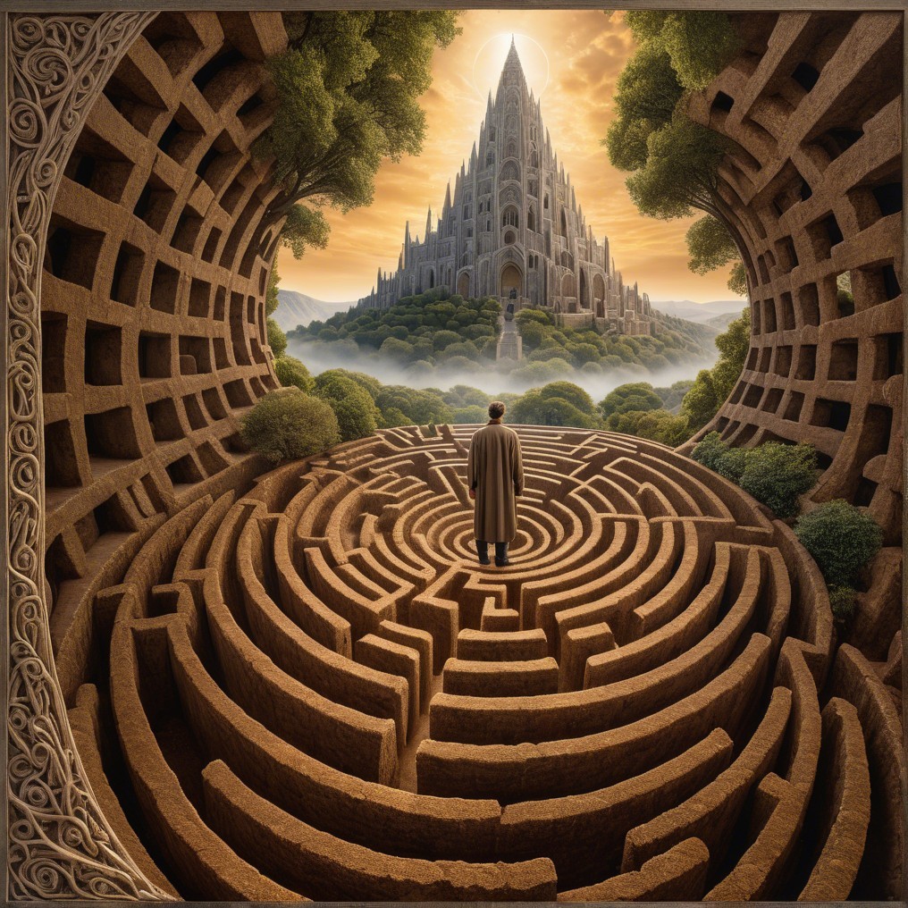 Maze with Figure and Ethereal Castle in Background