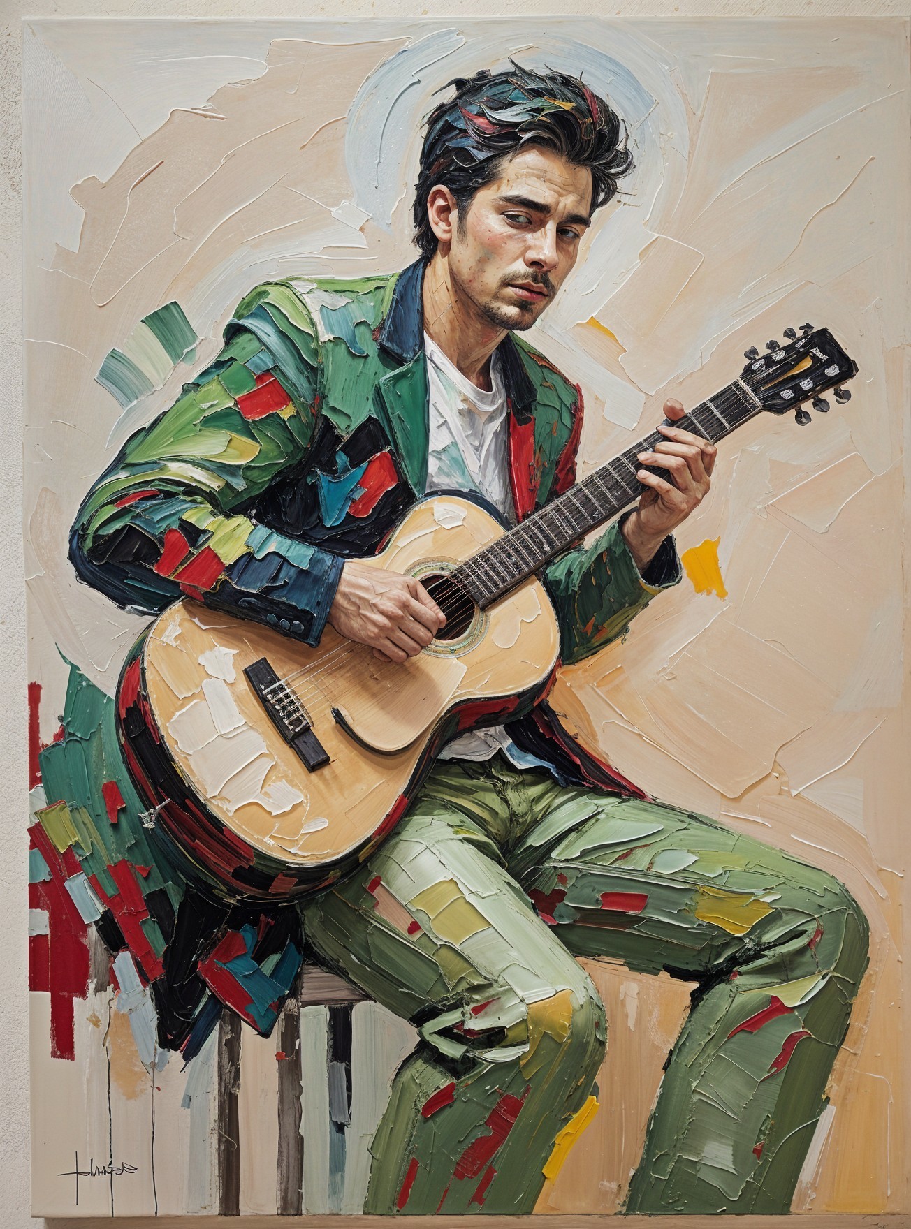 Young man with guitar in vibrant, abstract attire
