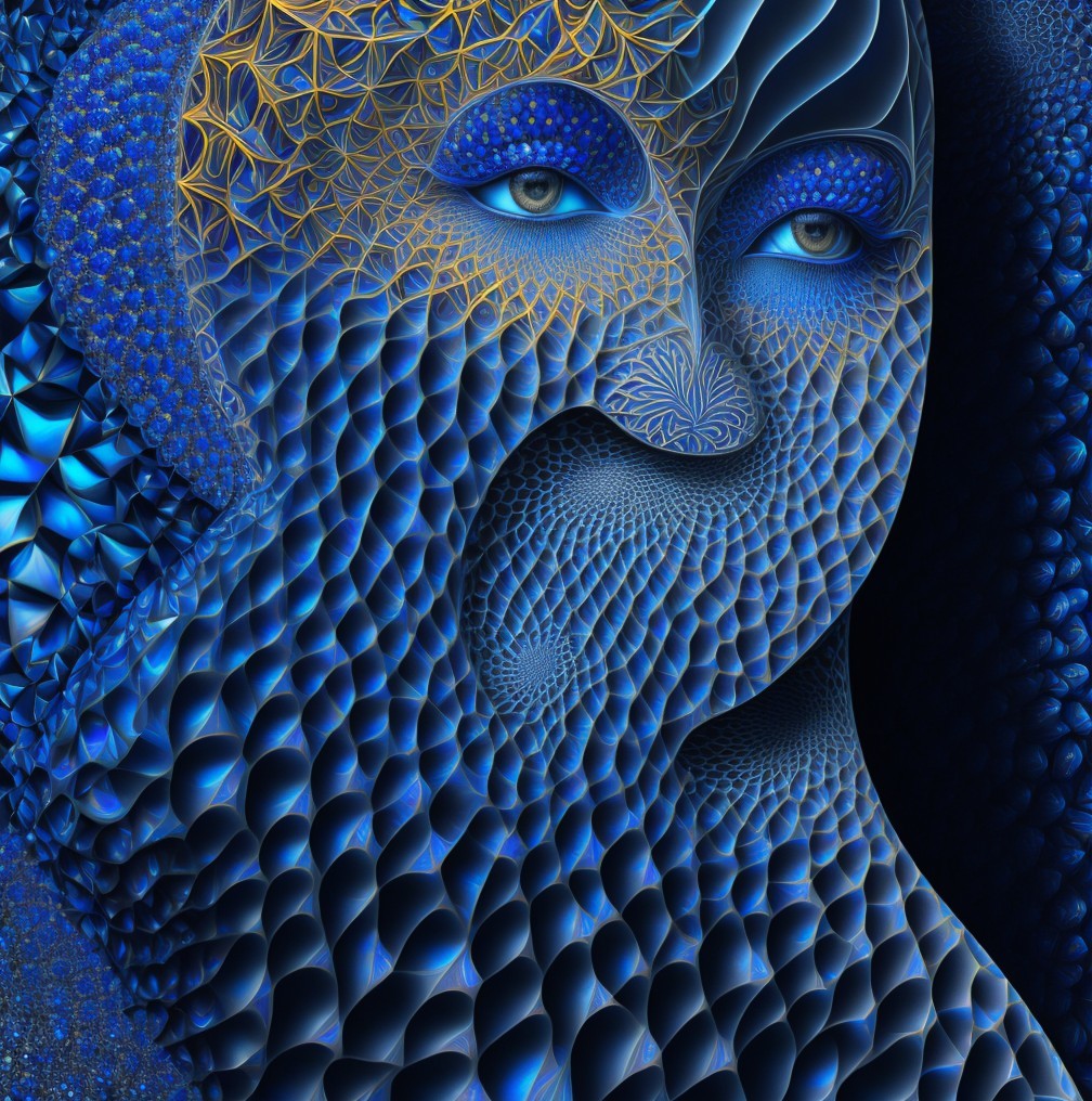 Abstract Face Design in Vibrant Blue Patterns